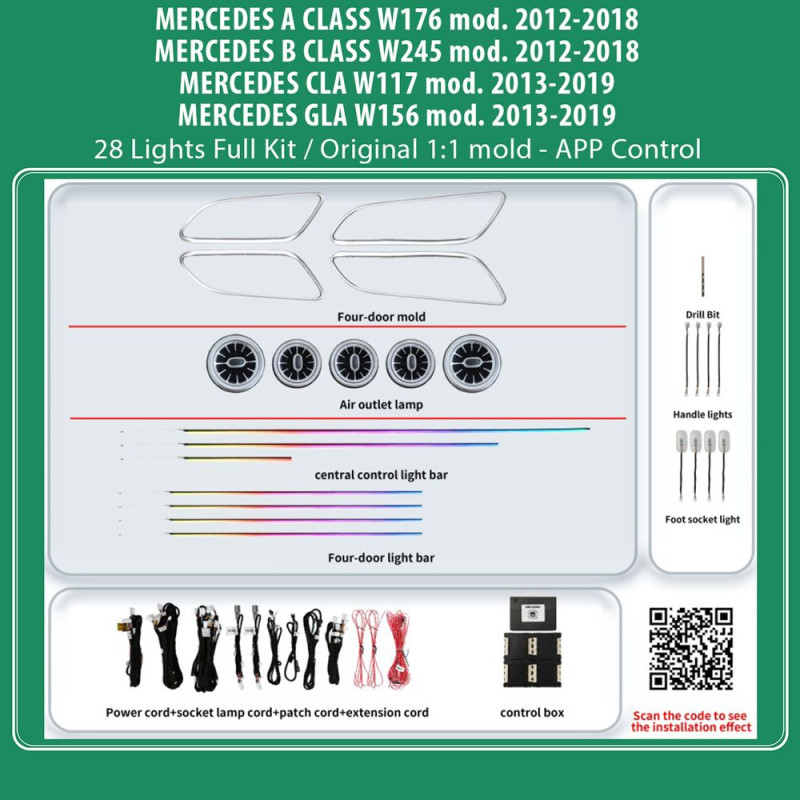 DIQ AMBIENT BENZ BC13M3 FULL KIT (Digital iQ Ambient Light MERCEDES A-B-CLA-GLA mod. 2012-2020, 28 Lights Full Kit)