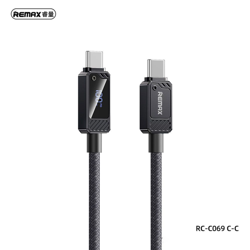 REMAX RC-C069 C-C Type-C to Type-C 100W Fast Charging Cable with Display REMAX RC-C069 C-C Type-C to Type-C 100W Fast Charging Cable with Display